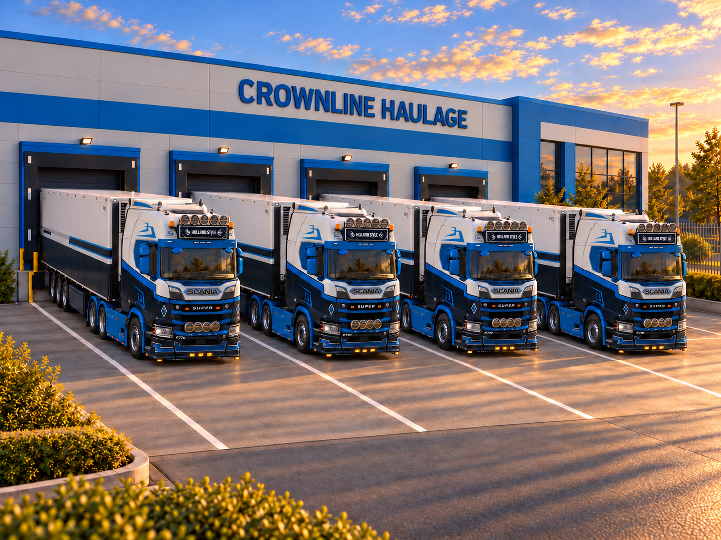 Four Crownline trucks and trailers parked in four loading bays at company headquarters